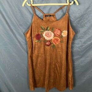 Blu Pepper: Chocolate Suede Like Embroidered Floral Dress- Side zip- M